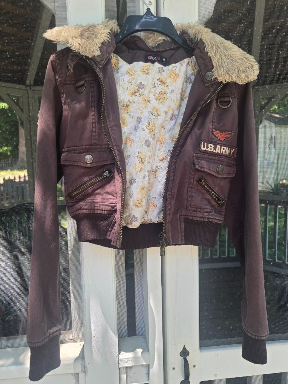 Vintage Cropped Military Aviator Flight Bomber Jacket Faux Fur Collar & Floral